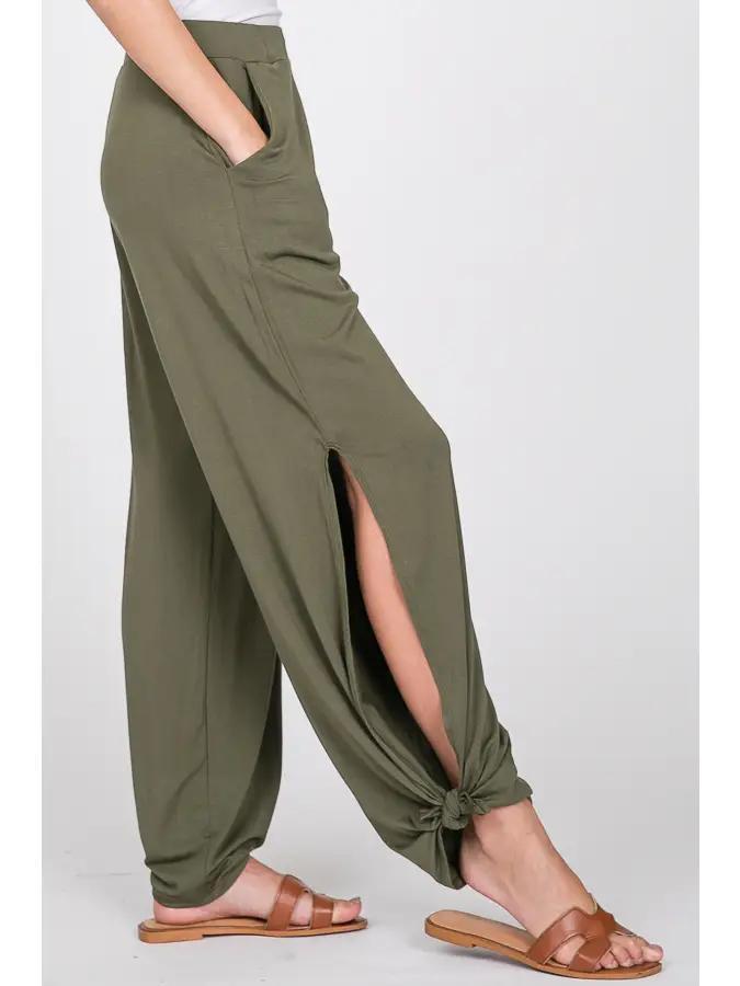 Olive Split Side Ankle Tie Women's Pants - by 7th Ray