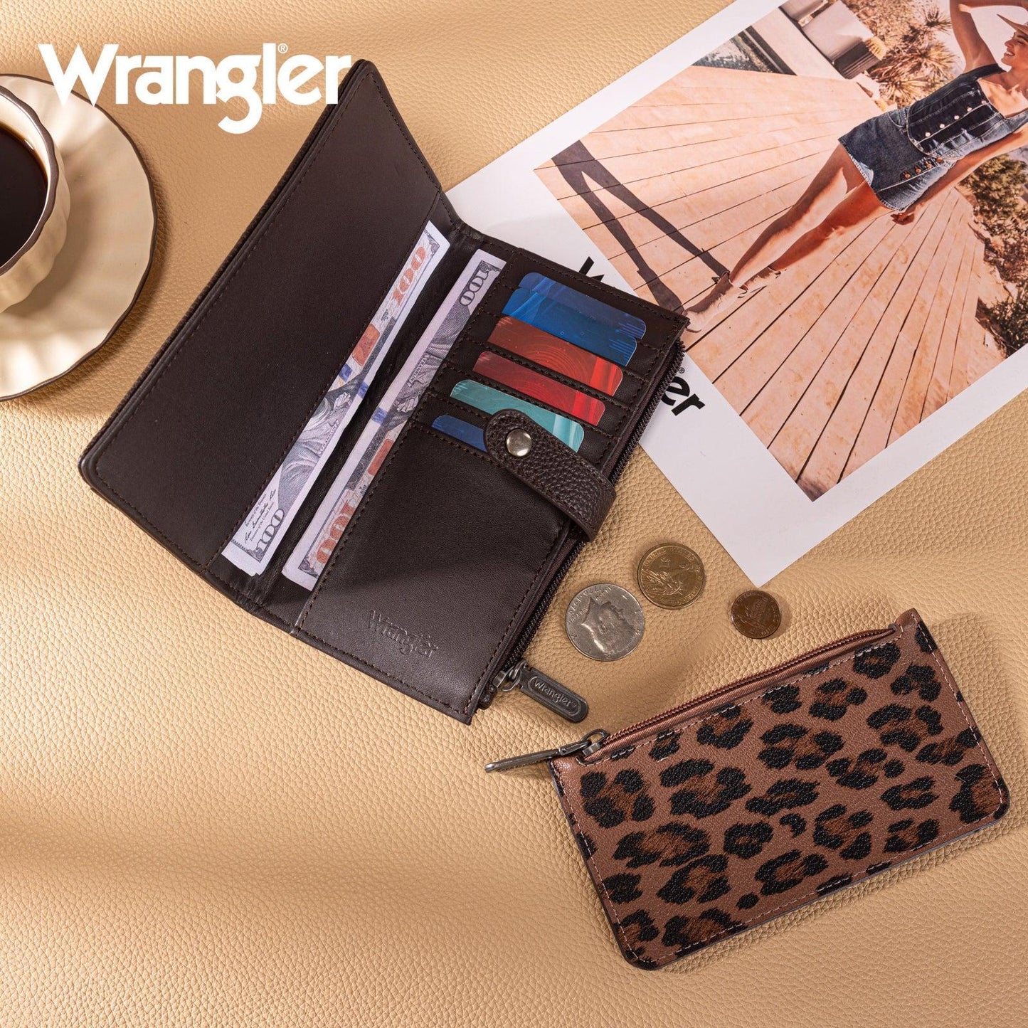Wrangler Western Bi-Fold RFID Wallet/Wristlet With Detachable Pouch- Coffee - by Montana West