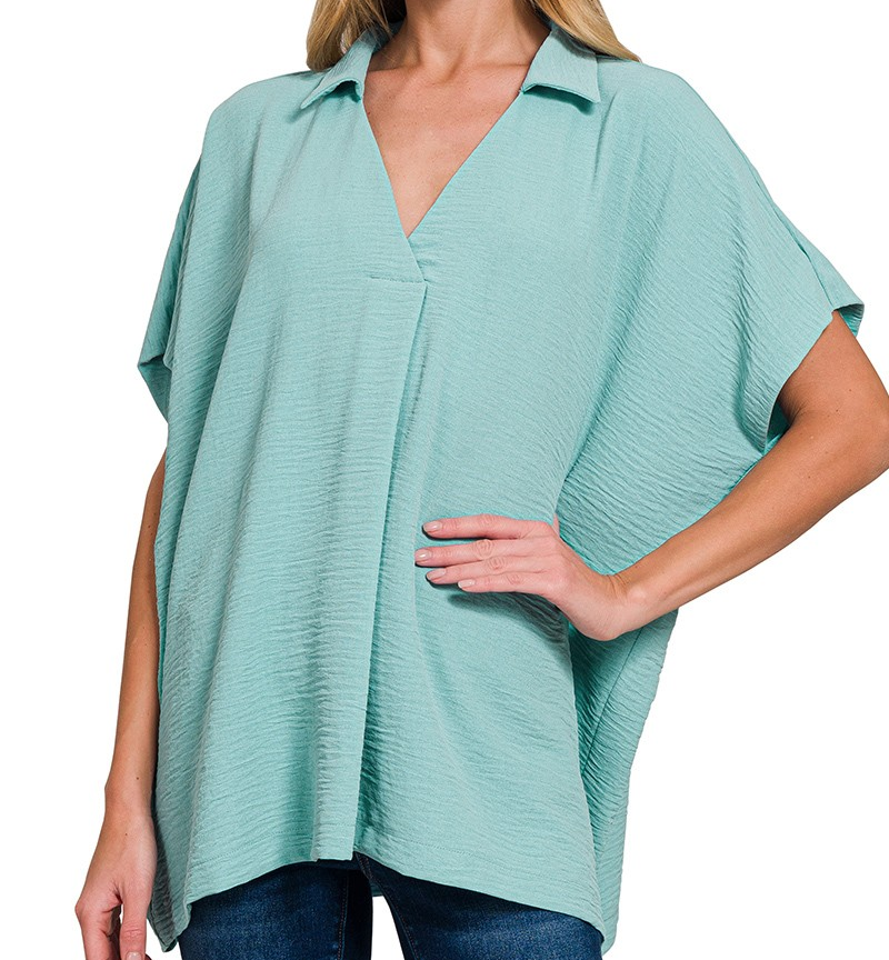 Zenana Airflow Collared V Neck Short Sleeve Top - Dusty Teal - by Zenana
