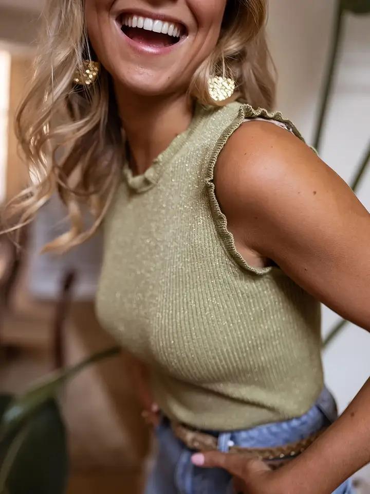 Ruffled Trim Sequin Glitter Knit Top - Green - by Hidden Brand