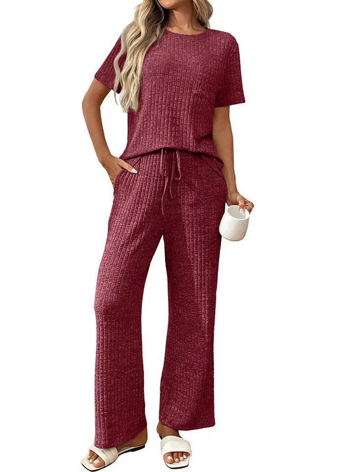 Ribbed Knit Lounge Set with Short Sleeve with Pants - Burgundy - by Lovesoft