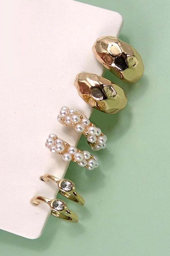 Trio Pearl Diamond Cut Huggie Hoop Earrings - by JOSSLYN