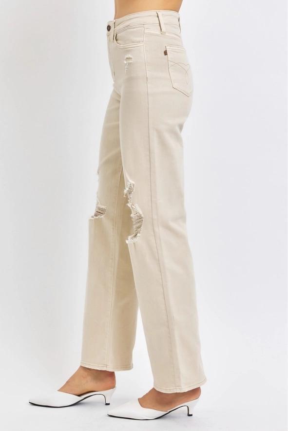 High Waist Dyed Destroy 90's Straight Leg- Bone - by Judy Blue
