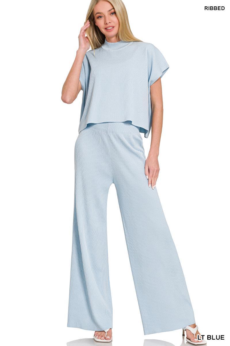 Viscose Sweater Short Sleeve Top & Pants Set - LT Blue - by Zenana