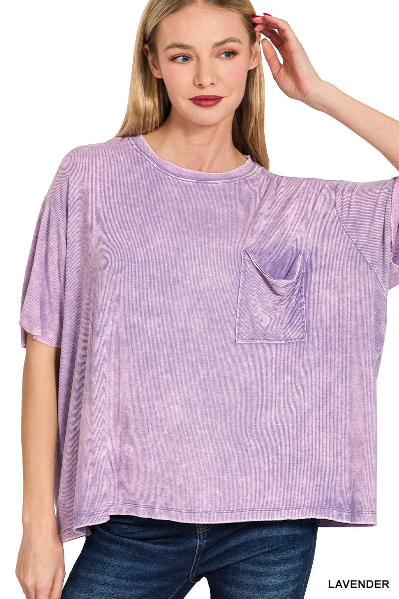 Washed Ribbed Cuffed Short Sleeve Top with Pocket - Lavender - by Zenana