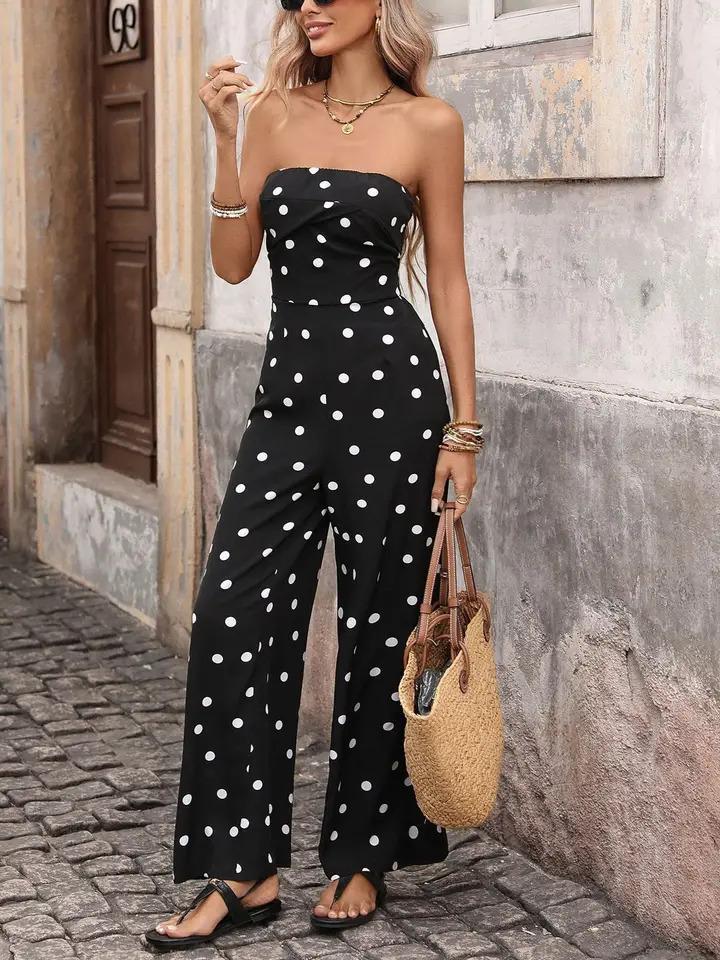 Retro Polka Dot Sleeveless Strapless Jumpsuit- Black - by Hidden Brand