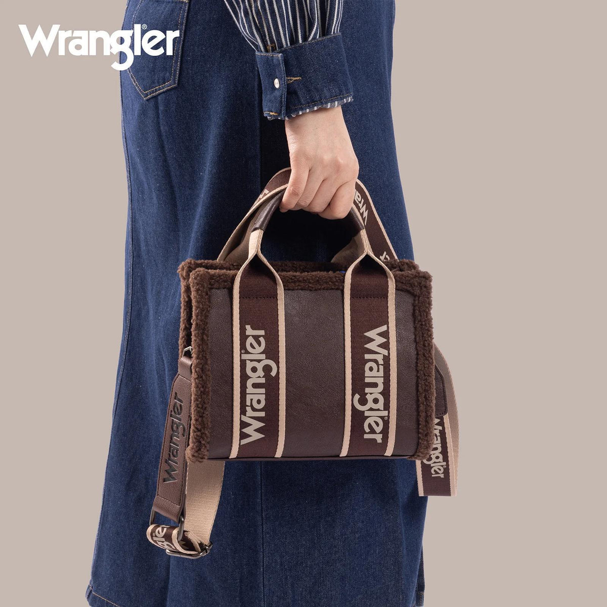 Wrangler Sherpa Small Canvas Tote/Crossbody - Coffee - by Montana West
