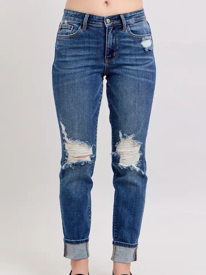 Distressed Mid-Rise Boyfriend Fit- Med Wash - by Judy Blue