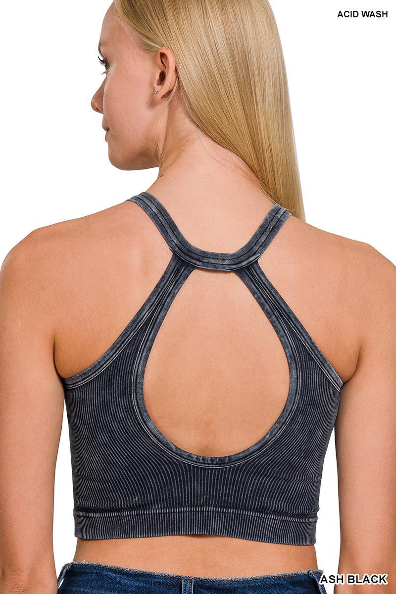 Ribbed Cropped Button V-Neck Top - Ash Black - by Zenana