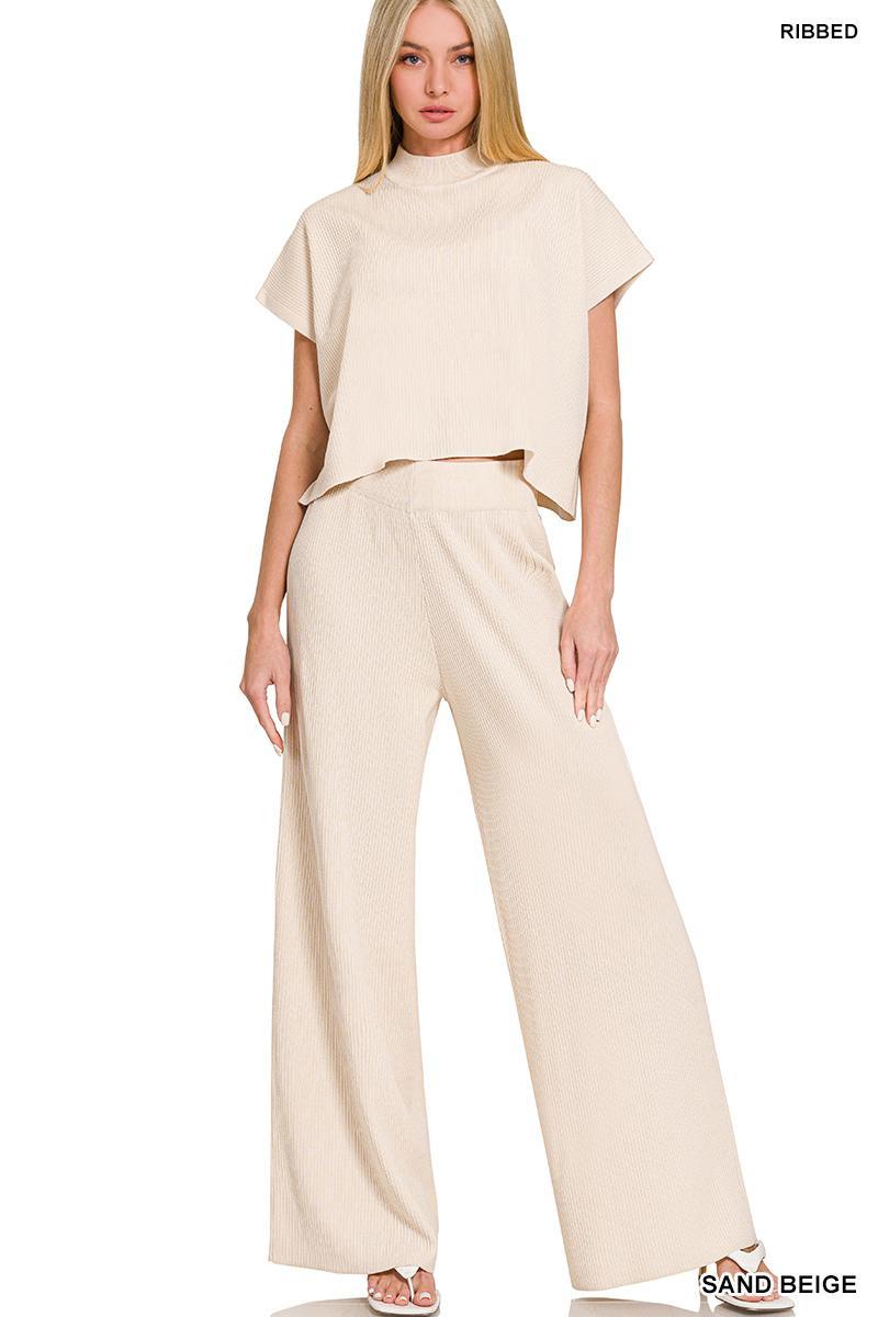 Viscose Sweater Short Sleeve Top & Pants Set - Sand Beige - by Zenana