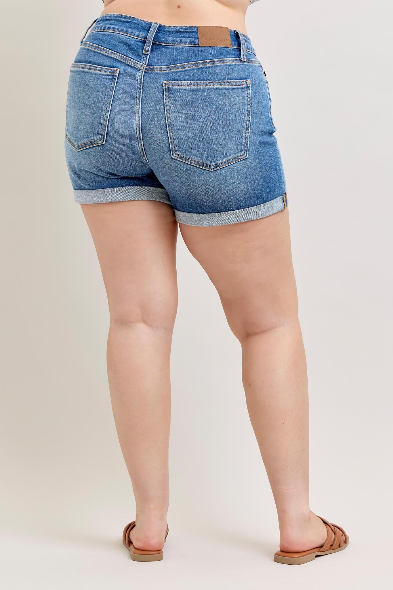 Plus Midrise Slim Cuffed Denim Shorts - Medium Wash - by Judy Blue