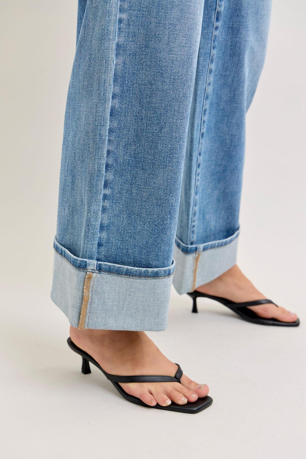 Mid Rise Straight with Foldover Waistband - Med Wash - by Judy Blue