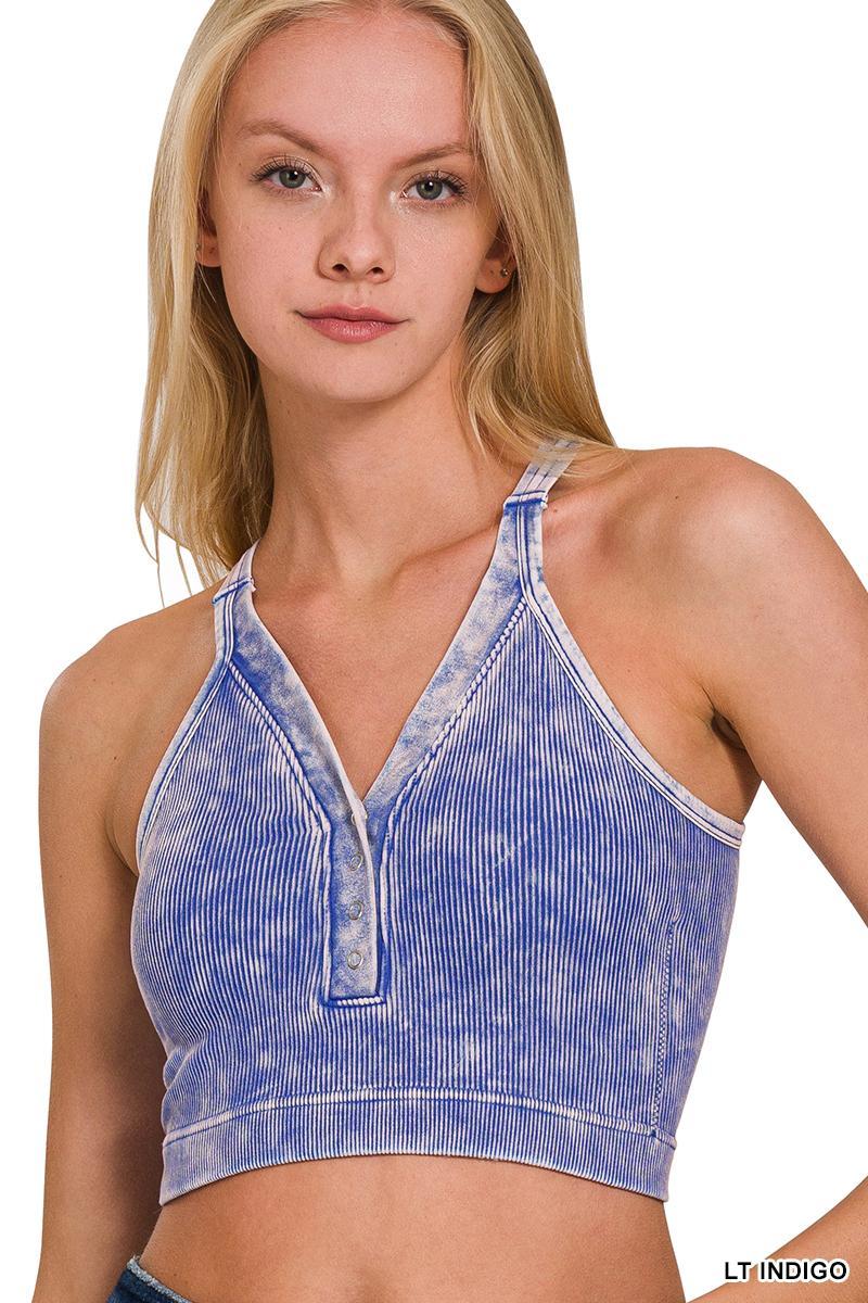 Ribbed Cropped Button V-Neck Top - LT Indigo - by Zenana