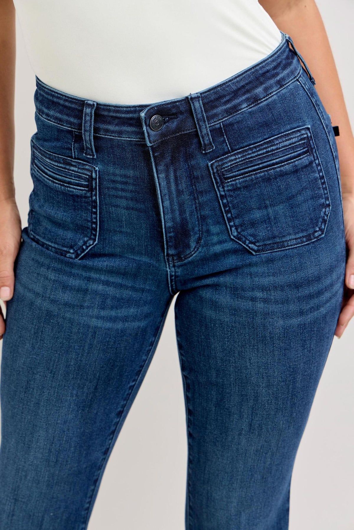 High Waist Flare Mitered/ Pintuck Pocket Flare Jean - Dark Wash - by Judy Blue