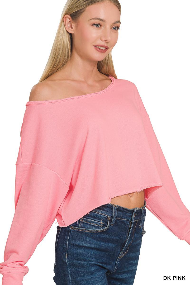 French Terry Boatneck Crop Top - DK Pink - by Zenana