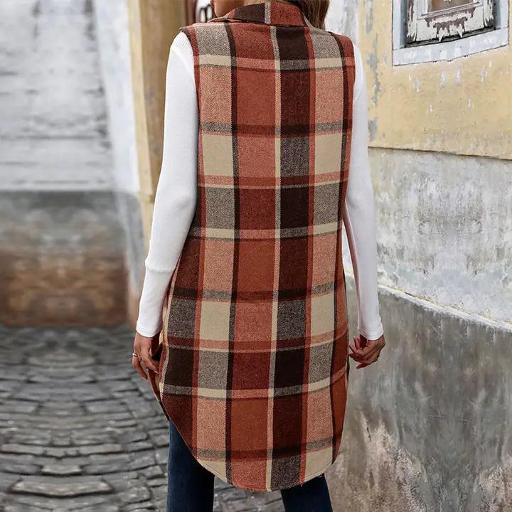 Sleeveless Lapel Retro Cardigan/Jacket Plaid Vest - Orange coffee- by Lovesoft
