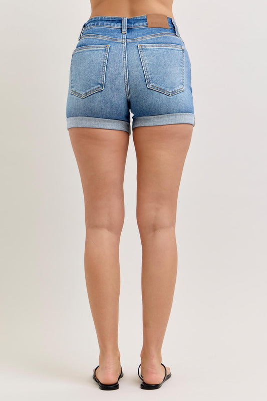 Midrise Slim Cuffed Denim Shorts - Medium Wash - by Judy Blue