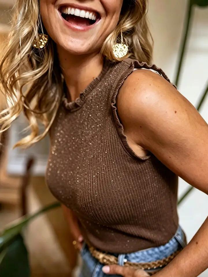 Ruffled Trim Sequin Glitter Knit Top - Coffee - by Hidden Brand