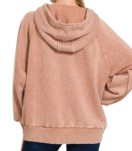 Acid Wash Fleece Oversized 1/4 Zip Kangaroo Hoodie- Rust - by Zenana