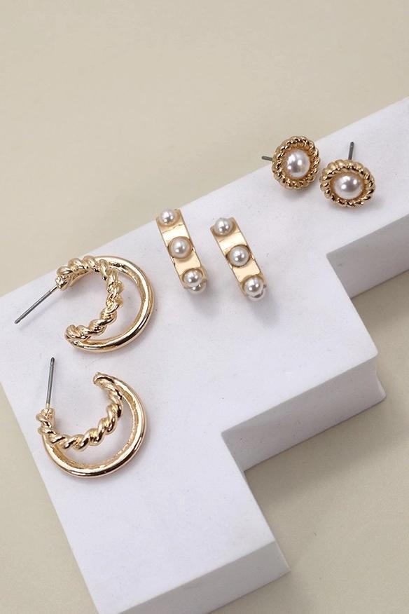 Gold Pearl Hoop Stud Trio Earrings - by JOSSLYN