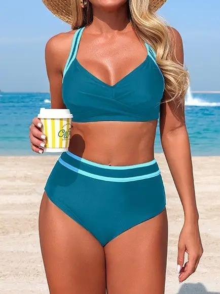 V Neck Cross Back & Side Tie Color Block Bikini Set - Teal - by Hidden Brand