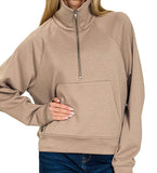 Scuba Half Zip Pullover with Kangaroo Pocket - Cocoa - by Zenana