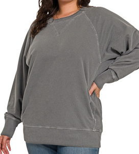 Plus Pigment Dyed French Terry Pullover - Black - by Zenana