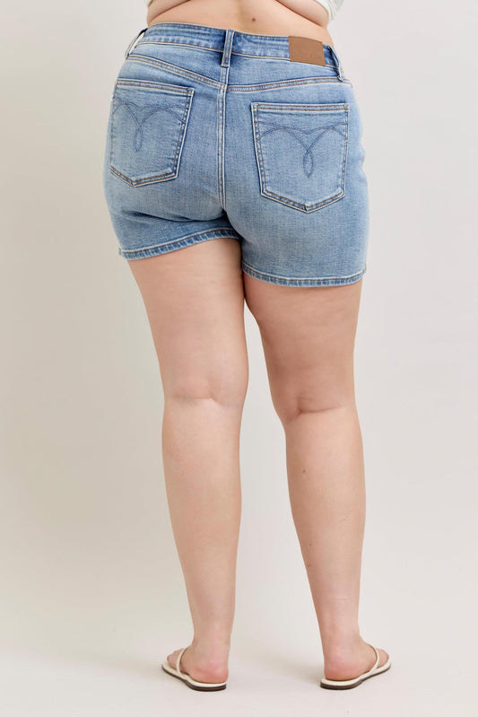 Plus High Waisted Slim Denim Shorts - Medium Wash - by Judy Blue