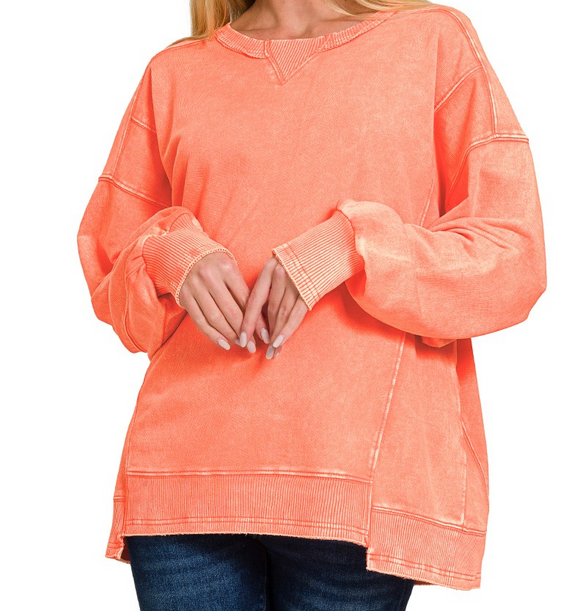 French Terry Acid Wash Pullover - Coral - by Zenana