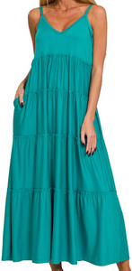 V-Neck Cami Maxi Tiered Dress with Pockets - LT Teal - by Zenana