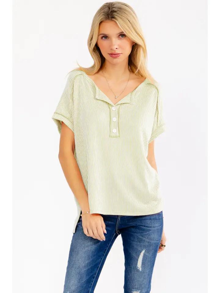 Solid Rib Knit Henley Top - Sage - by 7th Ray