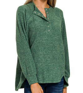 7 Button Brushed Melange Hacci Oversized Henley - Dark Green - by Zenana