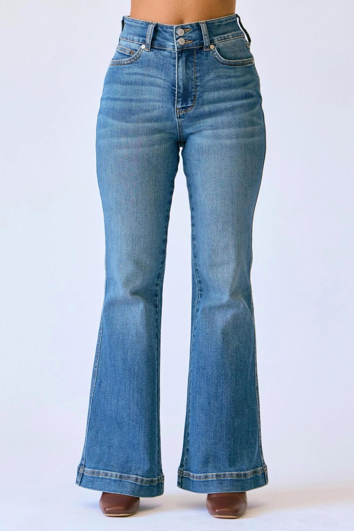Petite Tummy Control High Waist Flare - Medium Wash - by Judy Blue