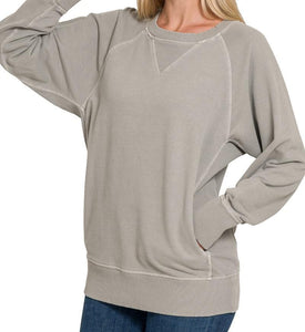 Pigment Dyed French Terry Pullover with Pockets - Sleet - by Zenana