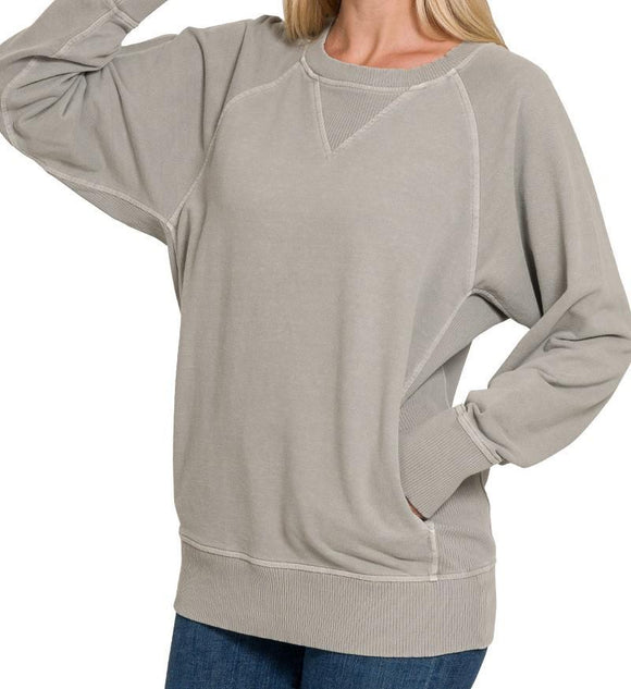 Pigment Dyed French Terry Pullover with Pockets - Sleet - by Zenana