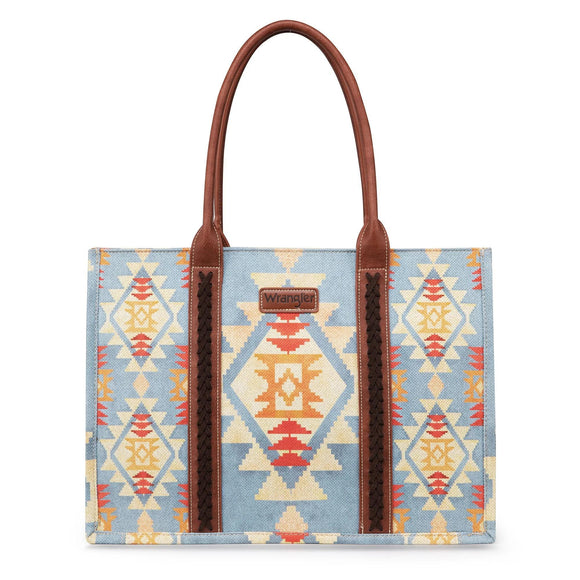 Wrangler Southwestern Pattern Dual Sided Print Canvas Wide Tote - Blue - by Montana West
