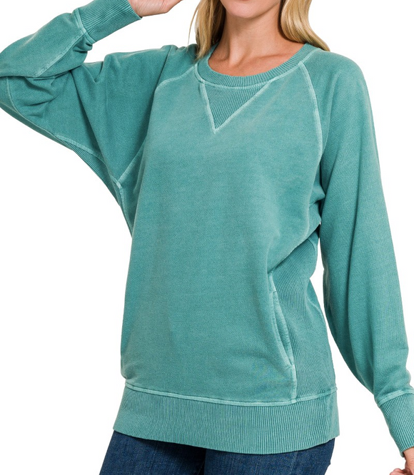 Pigment Dyed French Terry Pullover with Pockets - Teal - by Zenana