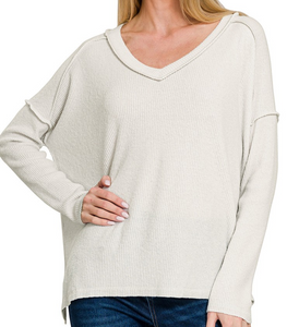 Ribbed Hacci Drop Shoulder V-neck Sweater - Bone - by Zenana