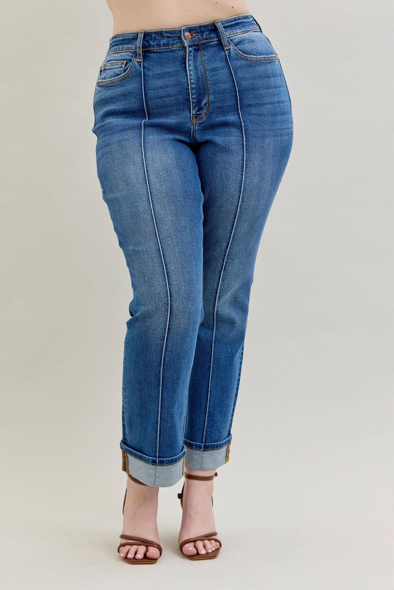 Plus Sally High Rise Front Seam Detail & Cuff Straight Fit Jeans - by Judy Blue