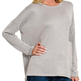 Ribbed Striped Oversized Long Sleeve Top - LT Gray - by Zenana