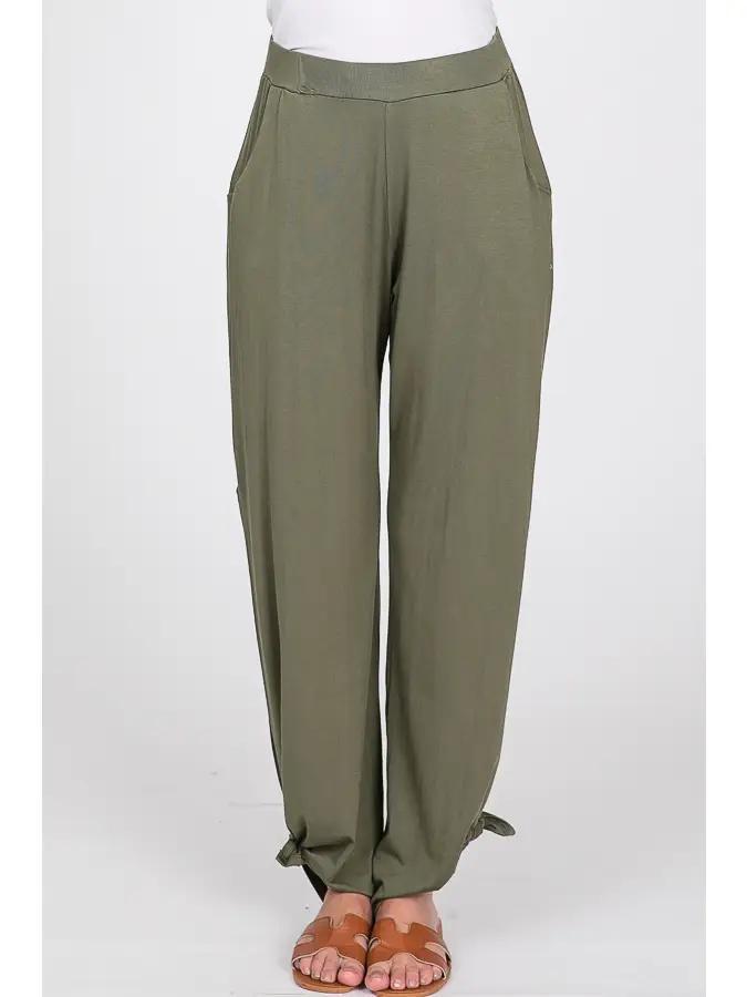 Olive Split Side Ankle Tie Women's Pants - by 7th Ray