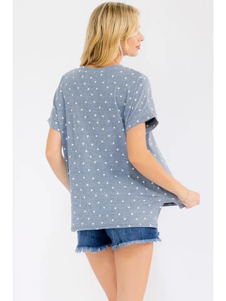 Polka Dot Banded Short Sleeve Top - Navy/White - by 7th Ray