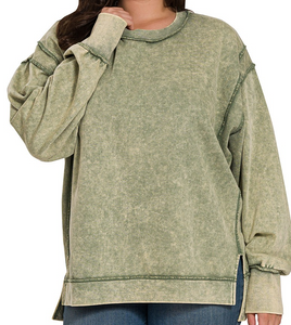 Plus Acid Wash F/terry Exposed-Seam Sweatshirt - LT Olive - by Zenana