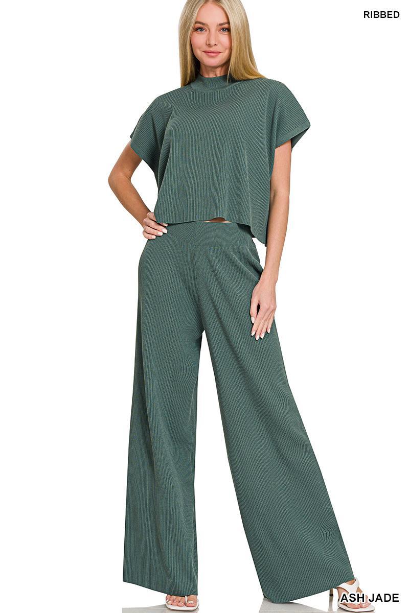 Viscose Sweater Short Sleeve Top & Pants Set - Ash Jade - by Zenana