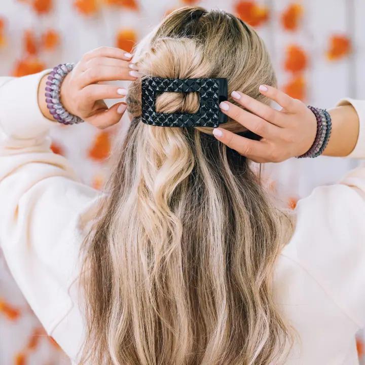Jet Black Quilted Flat Rectangle Hair Clip - Medium - By Teleties