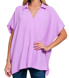 Zenana Airflow Collared V Neck Short Sleeve Top - B Lavender - by Zenana