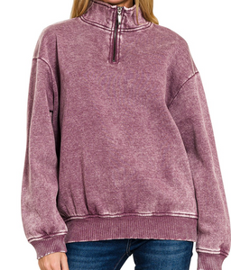 Acid Wash Fleece Half Zip Pullover - Eggplant - by Zenana