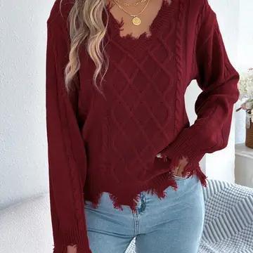 V Neck Cable Knit Tassel Long Sleeve Sweater - wine red - HIDDENBRAND
