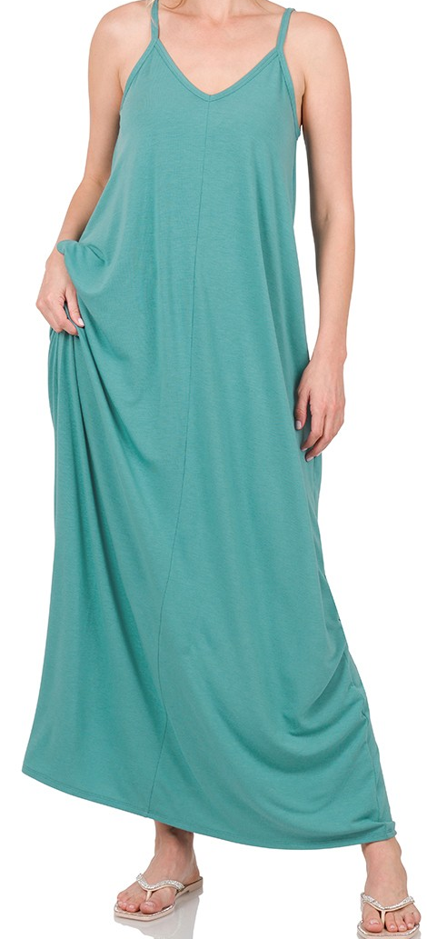 V-Neck Cami Maxi Dress with Pockets - Dusty Teal - by Zenana