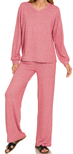 Soft Melange Long Sleeve Tee & Pants Set - Dk Red - by Zenana